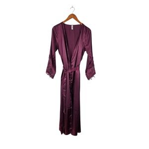 Flora by Flora Nikrooz Robe Womens S/M Plum Satin Lace Trim Long Loungewear